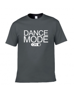 T-shirt pour homme à col rond en coton gris foncé. Écriture Dance Mode ON en blanc