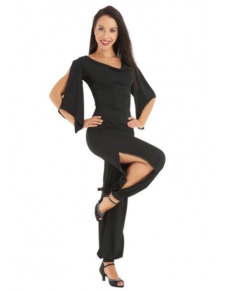 Long tango /milonga dance pant with leg slit in black jersey fabric