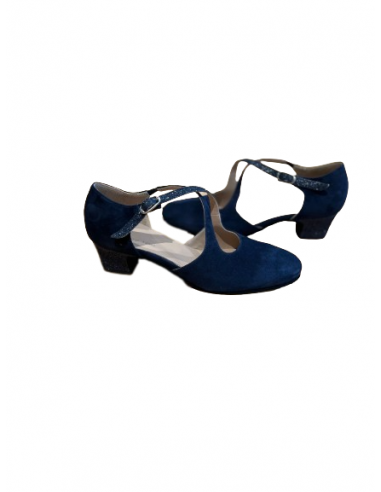 Chaussures de danse femmes en cuir daim bleu et bordure étincelant avec talon 4cm pour danse standard ou salsa