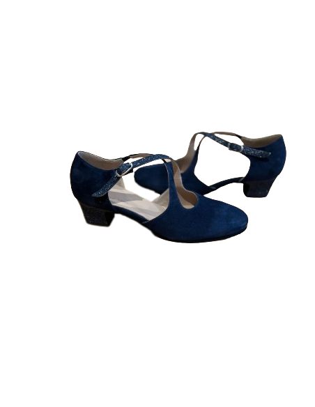 Chaussures de danse femmes en cuir daim bleu et bordure étincelant avec talon 4cm pour danse standard ou salsa