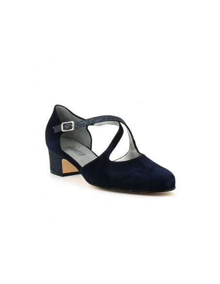 Chaussures de danse femmes en cuir daim bleu et bordure étincelant avec talon 4cm pour danse standard ou salsa