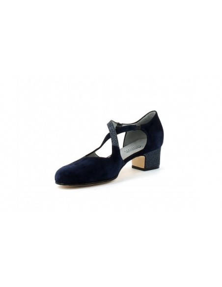 Chaussures de danse femmes en cuir daim bleu et bordure étincelant avec talon 4cm pour danse standard ou salsa