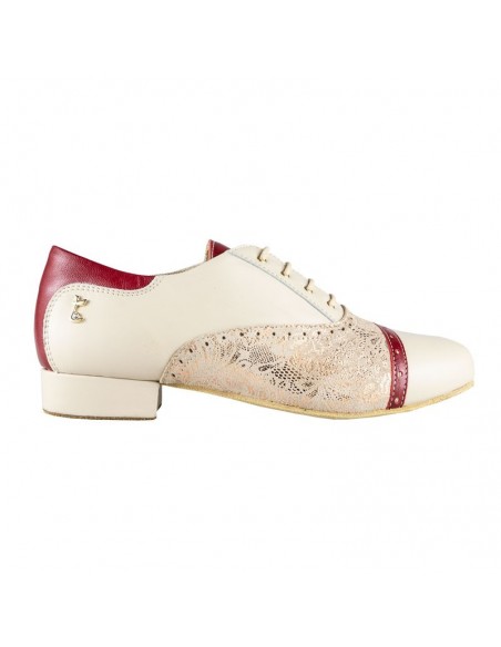 Chaussures de danse lacets en cuir ivoire avec bordure rouge