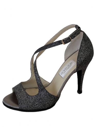 Tanzschuhe in Leder und Glitter Anthrazit für Salsa, Tango, Abendanlass