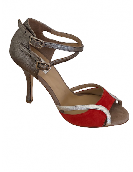 Damen Tanzschuhe aus zinnfarbenem Leder und Orange Wildleder für Tango, Kizomba