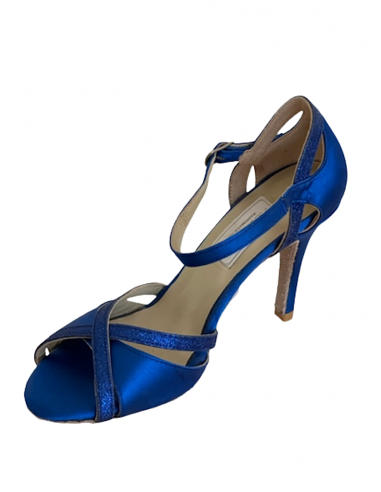 Chaussures de danse pour dames en satin bleu avec lanières pailletées pour tango argentin ou kizomba