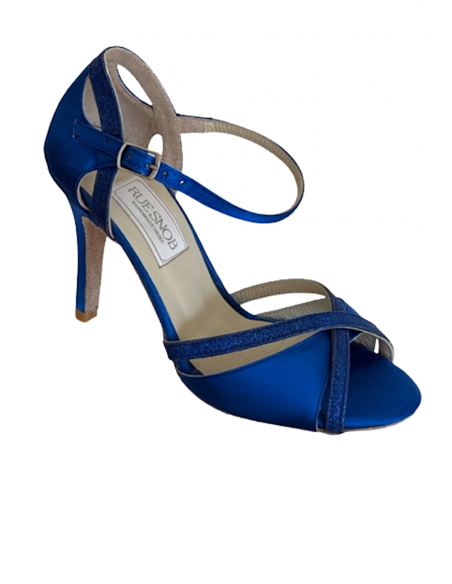 Ladies dance shoes in blue satin with glitter straps for argentine tango or kizomba