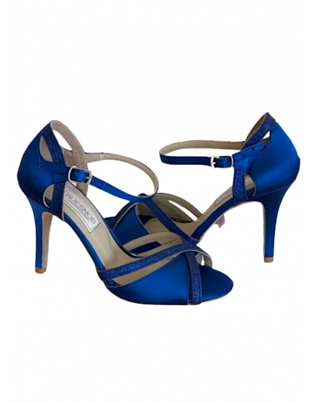 Chaussures de danse pour dames en satin bleu avec lanières pailletées pour tango argentin ou kizomba