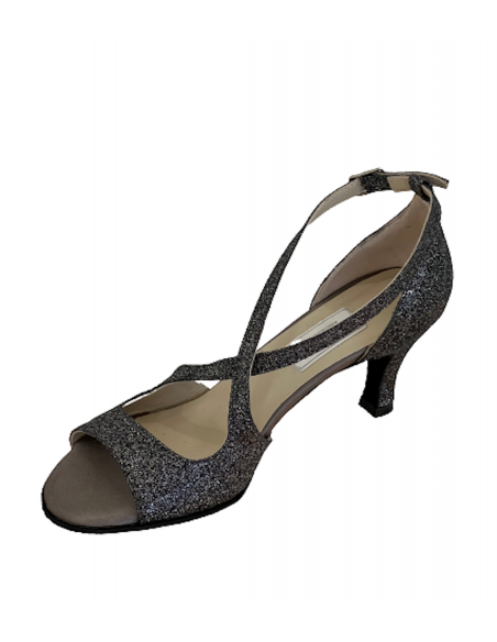 Tanzschuhe in Leder und Glitter Anthrazit mit Crossover-Riemen für Salsa, Standardtanz, Ballabend