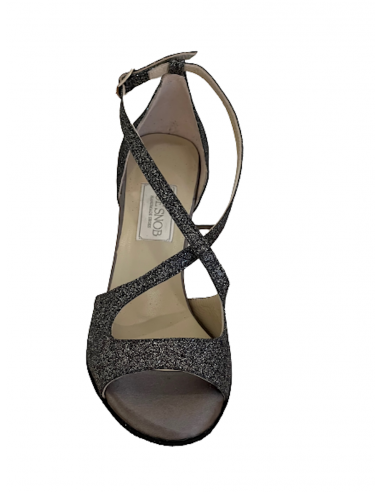 Chaussures de danse en cuir gris avec tissu étincellant et brides croisées pour la salsa, tango argentin, kizomba