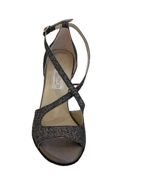 Chaussures de danse en cuir gris avec tissu étincellant et brides croisées pour la salsa, tango argentin, kizomba