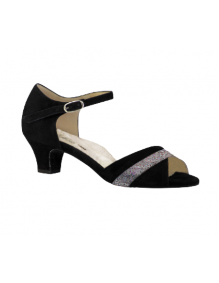 Ladies dance shoes for very wide feet in genuine black suede with glitter trim for ballroom or salsa