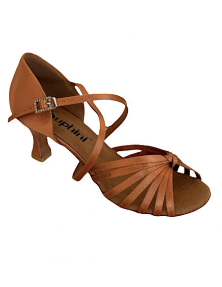 Ladies dark tan satin dance shoe with 7 straps knotted at front for salsa, ballroom, bachata dance