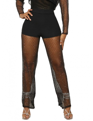 Pantalon de danse avec strass et jambes en maille pour la salsa ou les soirées dansantes