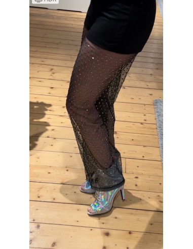 Pantaloni da ballo con gambe ariose in rete nera con strass per salsa, balli standard, feste