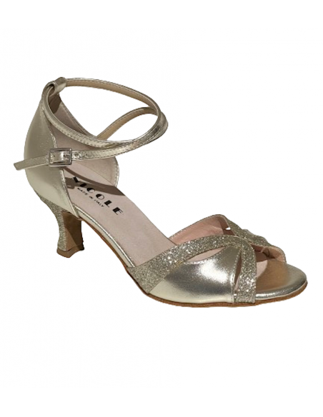 Elegant dance shoes made of platinum gold leather with glitter trim for ballroom dancing, salsa or an evening ball