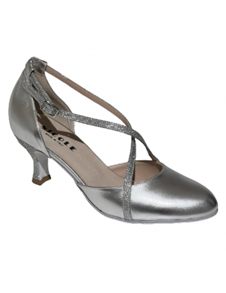 Dance shoes in silver leather with glitter straps for ballroom or salsa dance