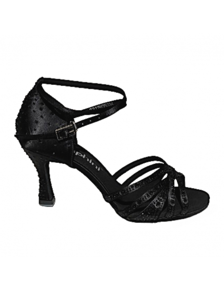 Suphini black satin dance shoes with rhinestones for salsa, bachata or kizomba