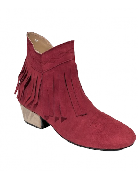 Short cherry red fringed genuine suede dance ankle boots for line dancing