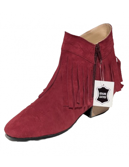 Short cherry red fringed genuine suede dance ankle boots for line dancing