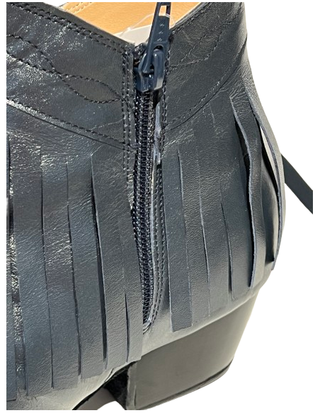 Short night blue fringed genuine leather dance ankle boots for line dancing