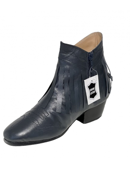 Short night blue fringed genuine leather dance ankle boots for line dancing