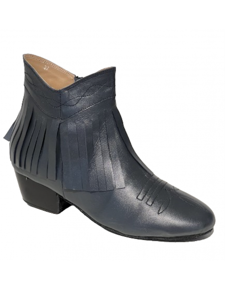 Short night blue fringed genuine leather dance ankle boots for line dancing