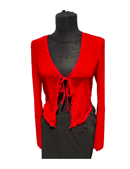 Cute dance bolero made of red mesh with a wavy finish for wearing over a dance dress for cool evenings