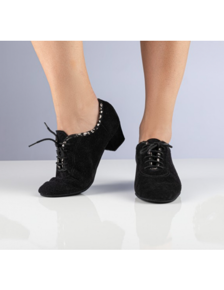 Chaussures de danse à lacer, cuir daim noir, talon de 3.5cm pour linedance, danse de salon, tango