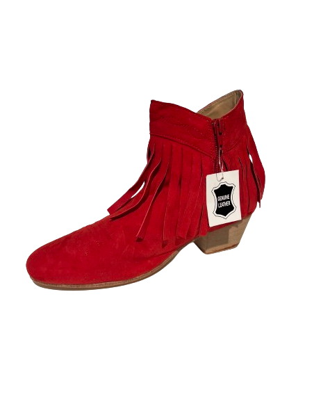 Short red fringed genuine leather dance ankle boots for line dancing