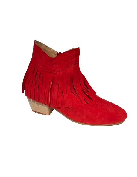 Short red fringed genuine leather dance ankle boots for line dancing