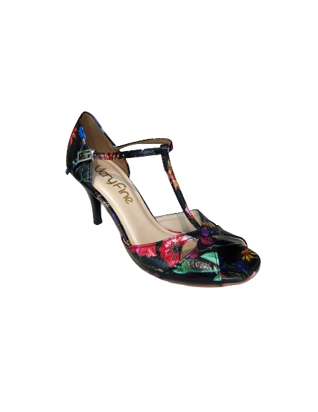 Scarpe da ballo, pelle nero con fiori ed barra a T per Tango, Milonga, Matrimonio