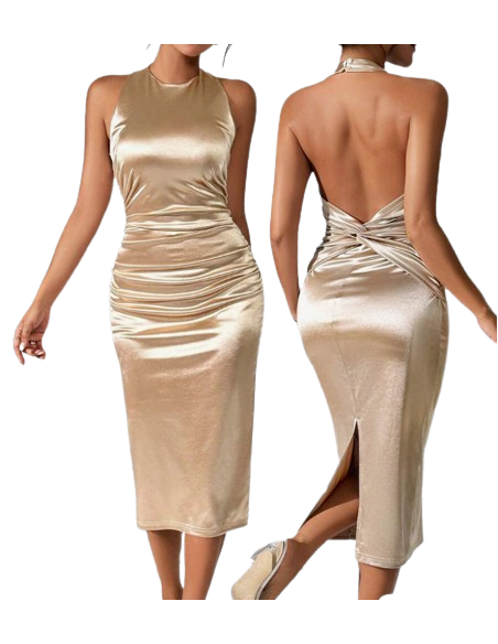 Robe à dos nu en tissu stretch doré pour le tango.