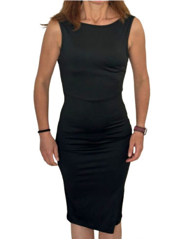 Dance dress in black stretch with scoop back for tango dancing.