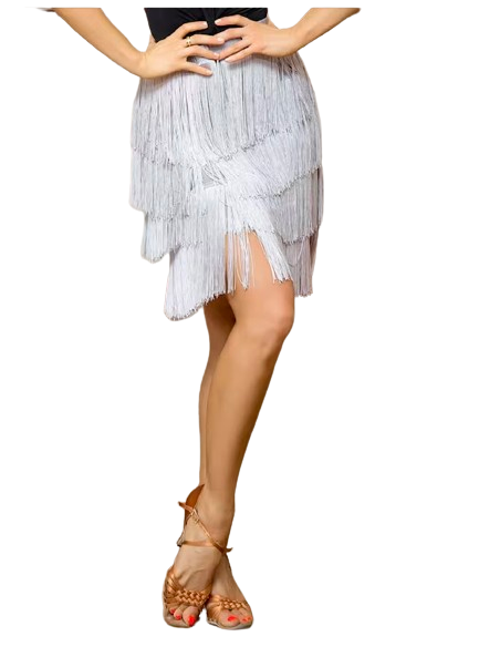 Silver fringed dance skirt for salsa & bachata, parties