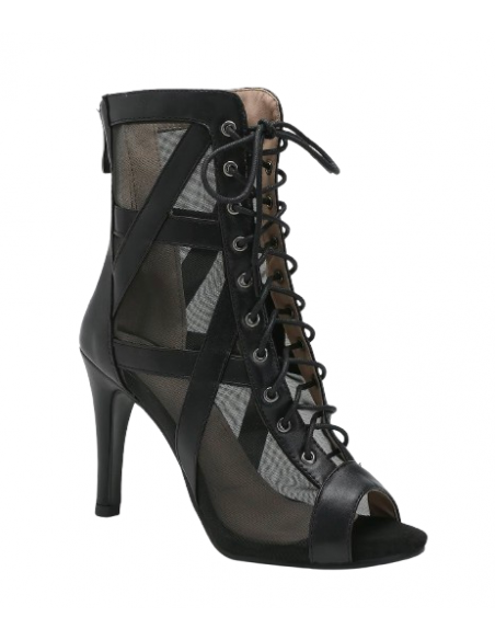 Lace-up heels dance boot, black, leather with 9.5cm heel, suede sole