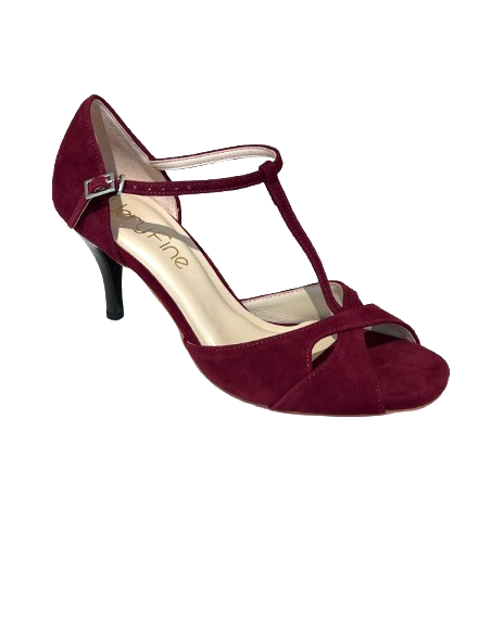 Dance shoes in wine red suede leather with T-clasp for tango, milonga, wedding