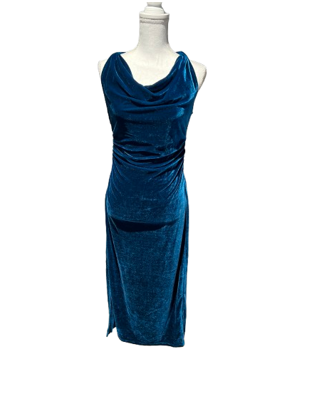 Petrol blue stretch velvet ball gown with leg slit