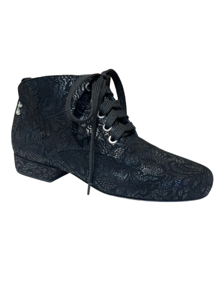 Tango dance ankle boot in black paisly print leather