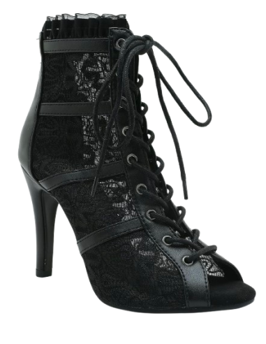 Lace-up heels dance boot, black, leather with 9.5cm heel, suede sole