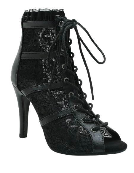 Lace-up heels dance boot, black, leather with 9.5cm heel, suede sole