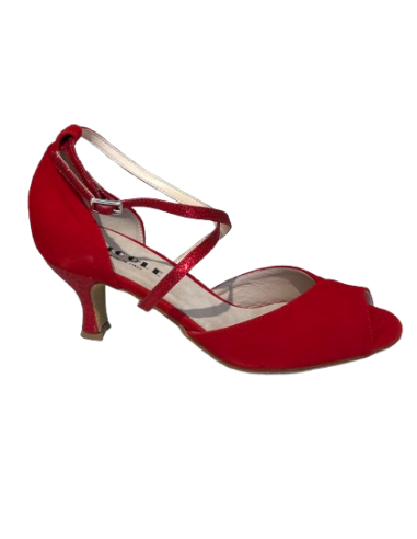 Chaussures de danse, cuir daim rouge, talon pailleté pour la danse de salon.