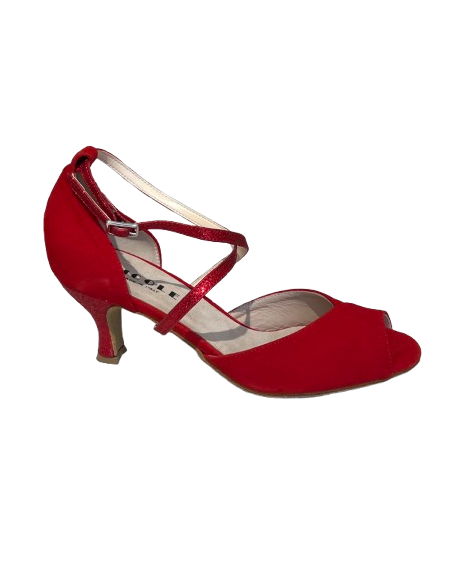 Chaussures de danse, cuir daim rouge, talon pailleté pour la danse de salon.