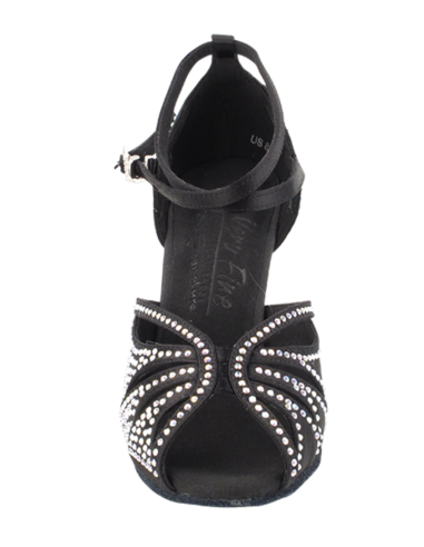 Black satin salsa shoes with rhinestones for wide feet