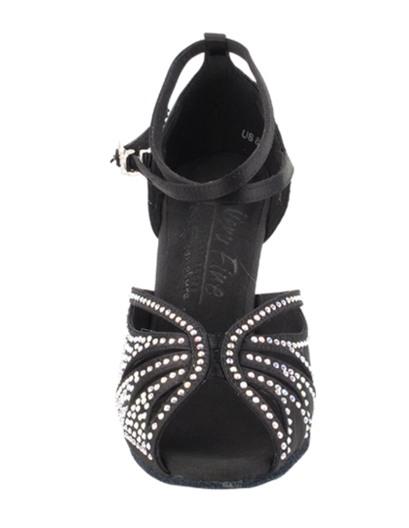 Black satin salsa shoes with rhinestones for wide feet