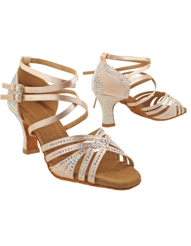 Scarpe da ballo in raso color champagne con strass per salsa, bachata e kizomba