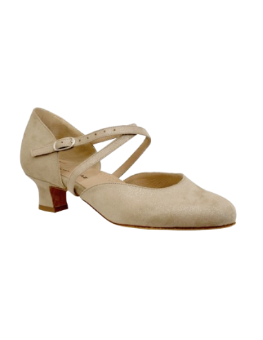 Chaussures de danse standard en cuir daim beige metallisé pour salsa, tango