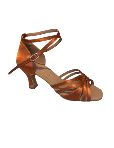 Ladies dark tan satin dance shoe with bands knotted at front for salsa, ballroom, bachata dance