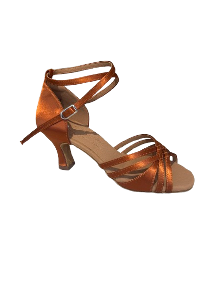 Ladies dark tan satin dance shoe with bands knotted at front for salsa, ballroom, bachata dance