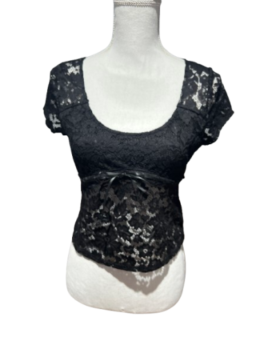 Black retro dance top with mesh sleeves for tango